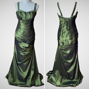 VINTAGE Green Ruched Sequin Evening Gown